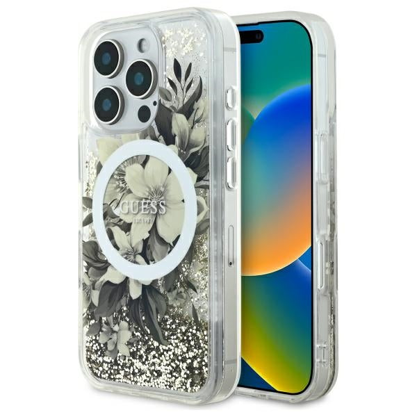 Калъф MagSafe за Apple iPhone 16 Pro, Guess, Liquid Glitter Flower, Бежов