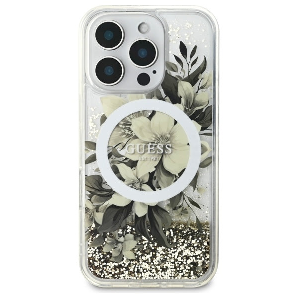 Калъф MagSafe за Apple iPhone 16 Pro, Guess, Liquid Glitter Flower, Бежов