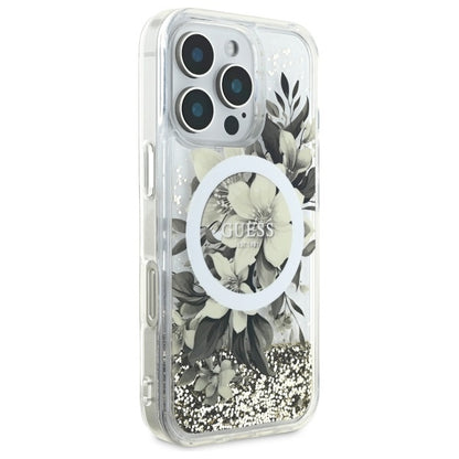 Калъф MagSafe за Apple iPhone 16 Pro, Guess, Liquid Glitter Flower, Бежов