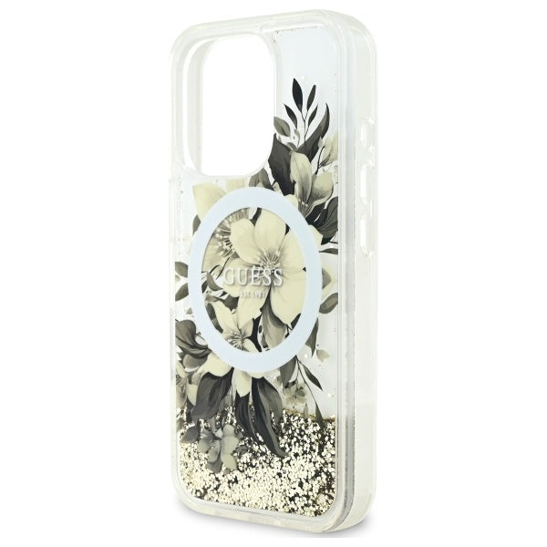 Калъф MagSafe за Apple iPhone 16 Pro, Guess, Liquid Glitter Flower, Бежов