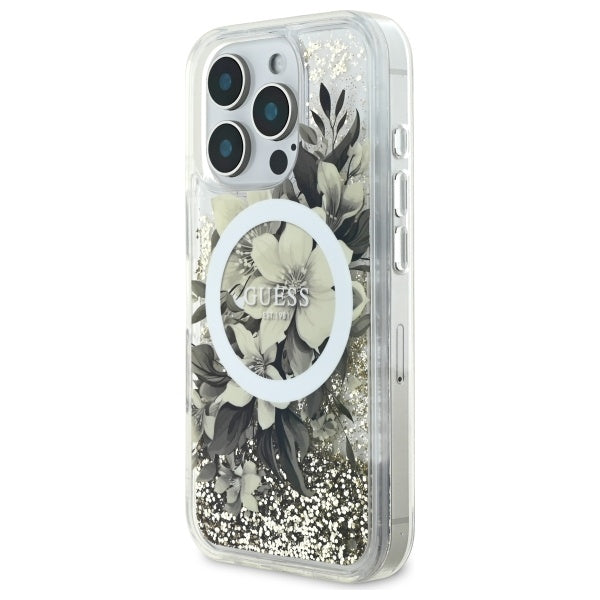 Калъф MagSafe за Apple iPhone 16 Pro, Guess, Liquid Glitter Flower, Бежов