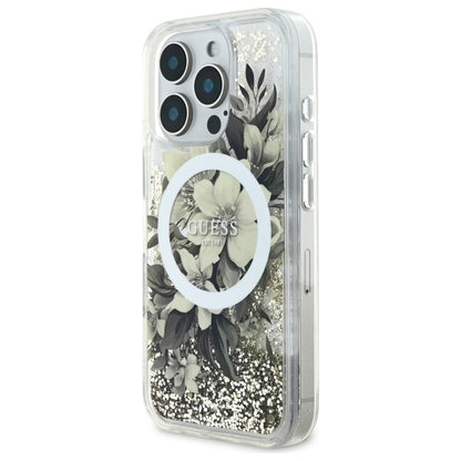 Калъф MagSafe за Apple iPhone 16 Pro, Guess, Liquid Glitter Flower, Бежов