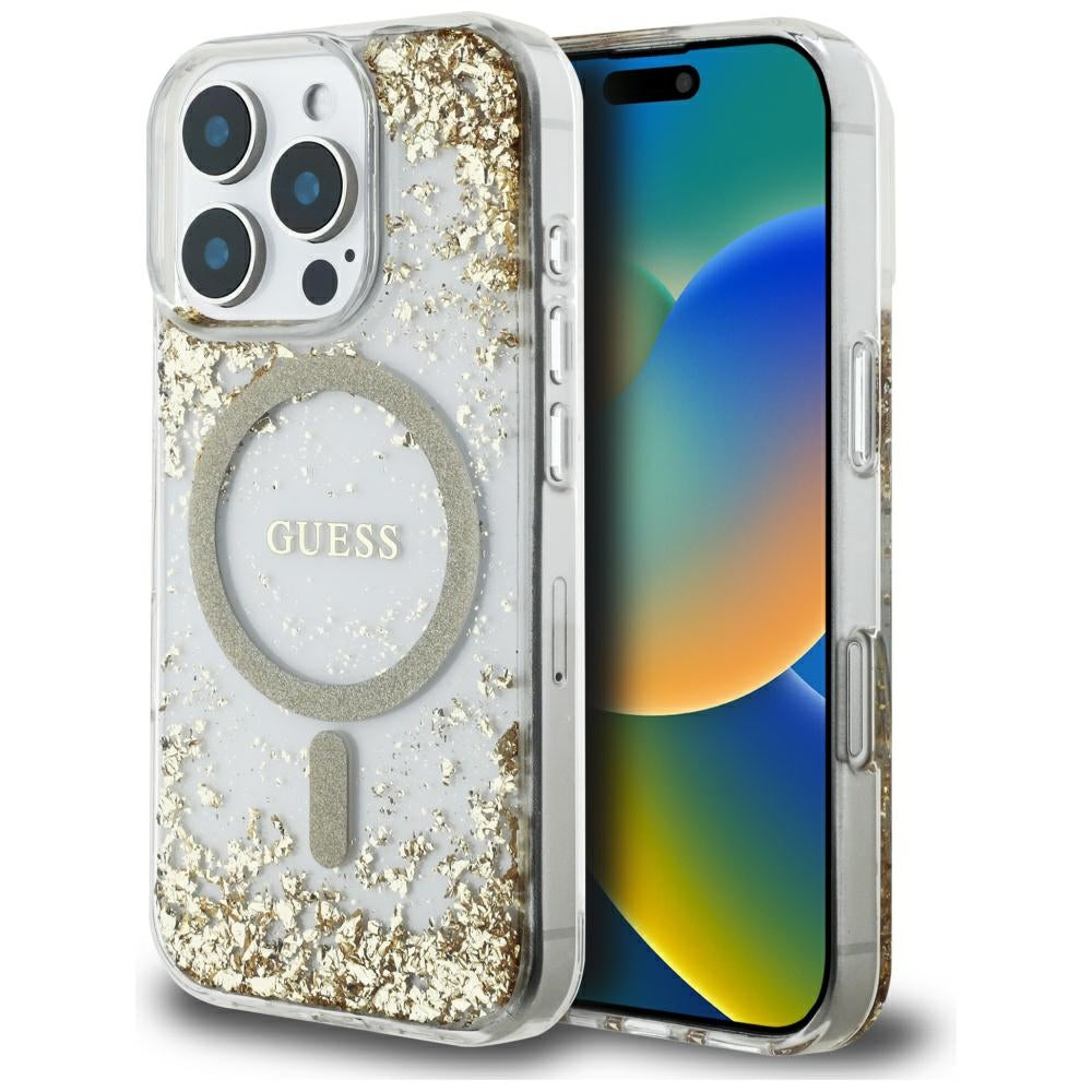 Калъф MagSafe за Apple iPhone 16 Pro, Guess, Resin Bottom Glitter, Златист