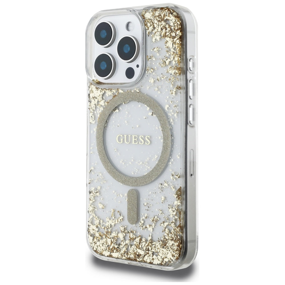 Калъф MagSafe за Apple iPhone 16 Pro, Guess, Resin Bottom Glitter, Златист