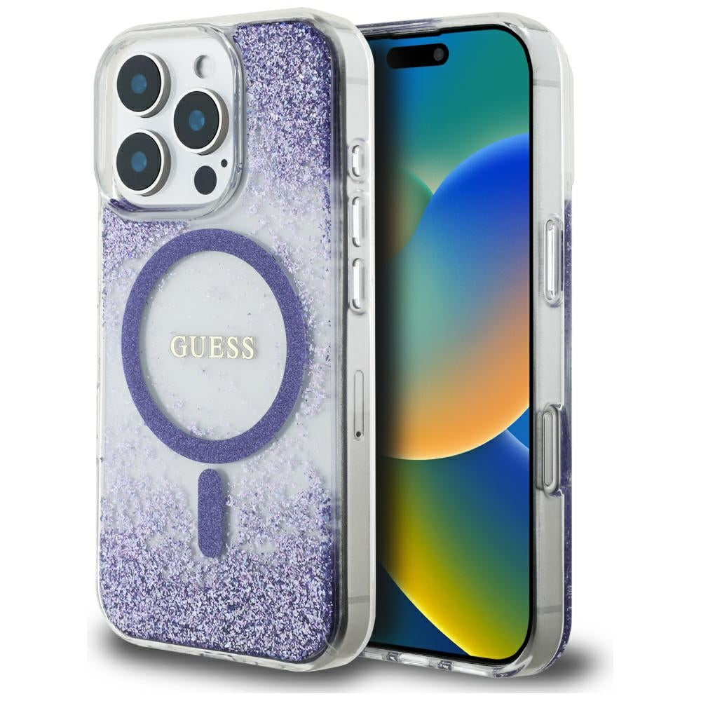 Калъф MagSafe за Apple iPhone 16 Pro, Guess, Resin Bottom Glitter, Лилав