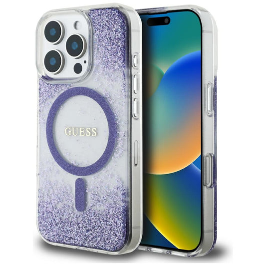 Калъф MagSafe за Apple iPhone 16 Pro, Guess, Resin Bottom Glitter, Лилав