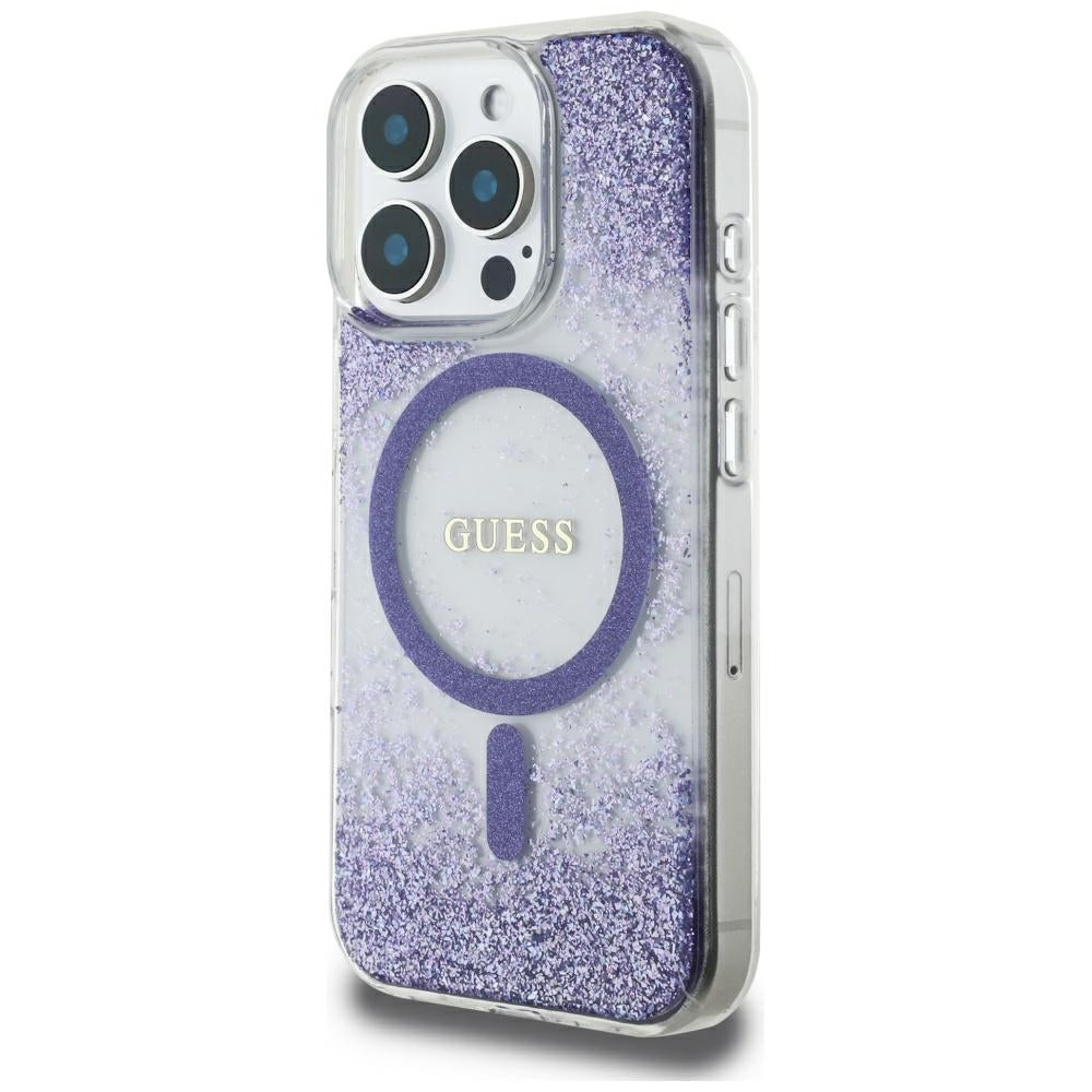 Калъф MagSafe за Apple iPhone 16 Pro, Guess, Resin Bottom Glitter, Лилав