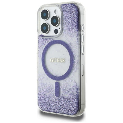 Калъф MagSafe за Apple iPhone 16 Pro, Guess, Resin Bottom Glitter, Лилав