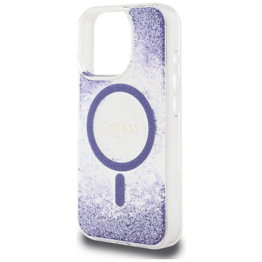 Калъф MagSafe за Apple iPhone 16 Pro, Guess, Resin Bottom Glitter, Лилав