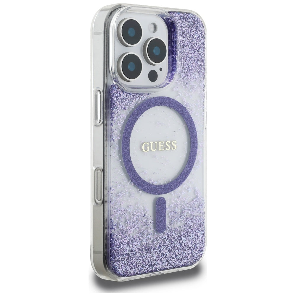 Калъф MagSafe за Apple iPhone 16 Pro, Guess, Resin Bottom Glitter, Лилав