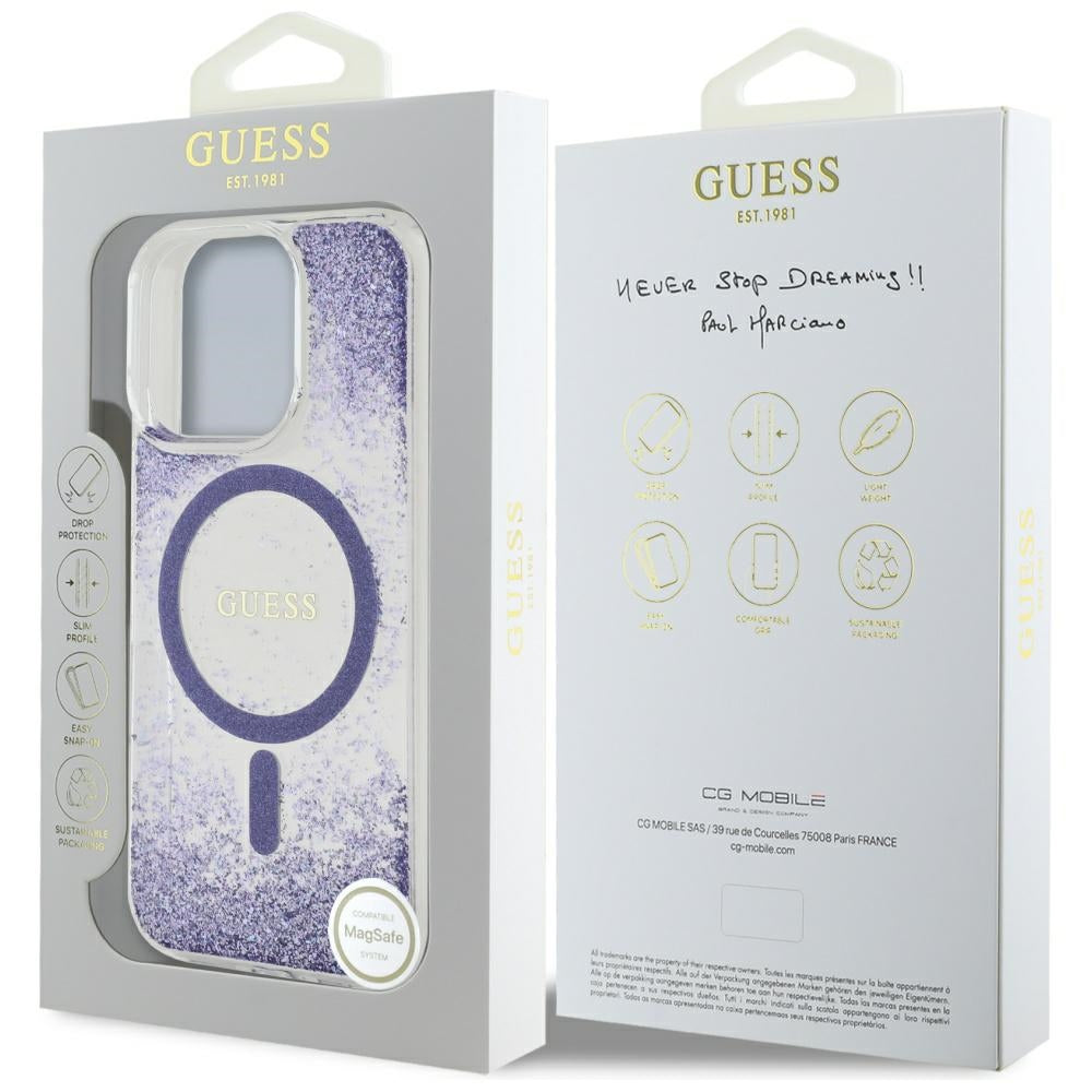 Калъф MagSafe за Apple iPhone 16 Pro, Guess, Resin Bottom Glitter, Лилав