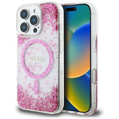 Калъф MagSafe за Apple iPhone 16 Pro, Guess, Resin Bottom Glitter, Розов