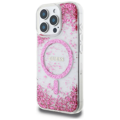 Калъф MagSafe за Apple iPhone 16 Pro, Guess, Resin Bottom Glitter, Розов