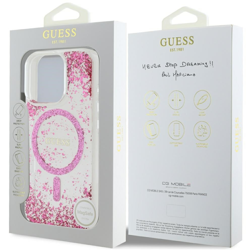 Калъф MagSafe за Apple iPhone 16 Pro, Guess, Resin Bottom Glitter, Розов