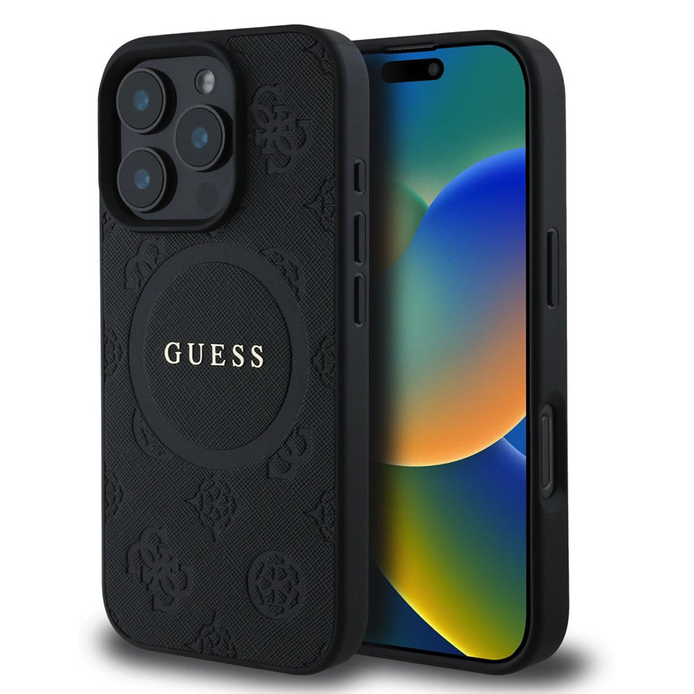 Калъф MagSafe за Apple iPhone 16 Pro, Guess, Saffiano Peony Classic Logo, Черен
