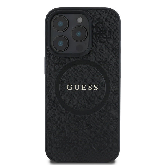 Калъф MagSafe за Apple iPhone 16 Pro, Guess, Saffiano Peony Classic Logo, Черен