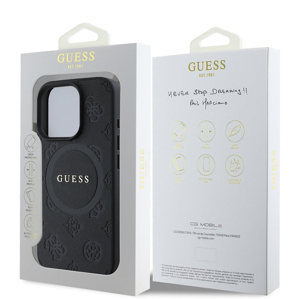 Калъф MagSafe за Apple iPhone 16 Pro, Guess, Saffiano Peony Classic Logo, Черен