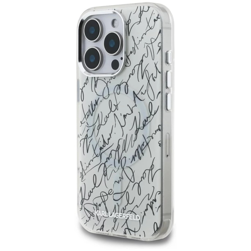 Калъф MagSafe за Apple iPhone 16 Pro, Karl Lagerfeld, IML Karl Script Pattern, Бял