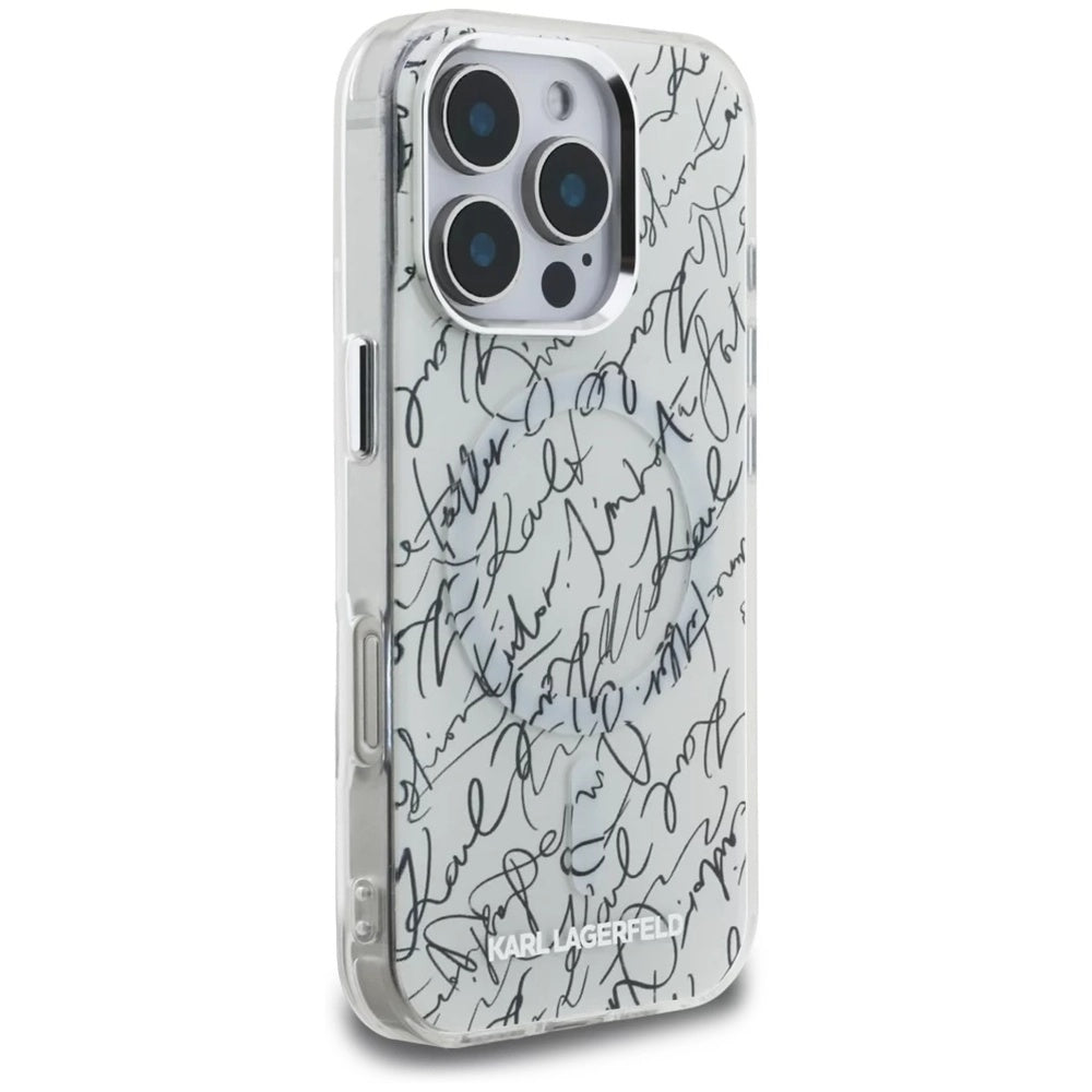 Калъф MagSafe за Apple iPhone 16 Pro, Karl Lagerfeld, IML Karl Script Pattern, Бял