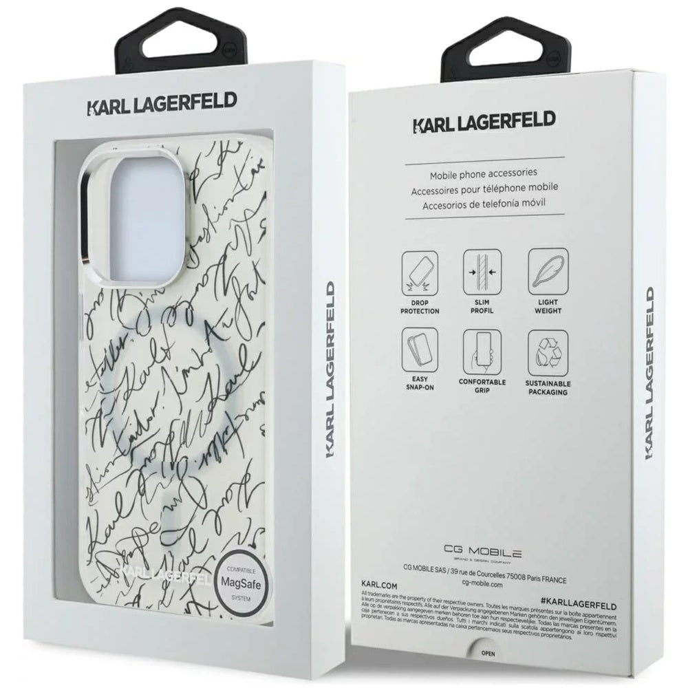 Калъф MagSafe за Apple iPhone 16 Pro, Karl Lagerfeld, IML Karl Script Pattern, Бял