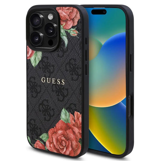 Калъф MagSafe за Apple iPhone 16 Pro Max, Guess, 4G Flowers Print, Черен