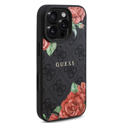 Калъф MagSafe за Apple iPhone 16 Pro Max, Guess, 4G Flowers Print, Черен