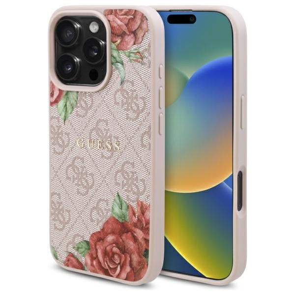Калъф MagSafe за Apple iPhone 16 Pro Max, Guess, 4G Flowers Print, Розов