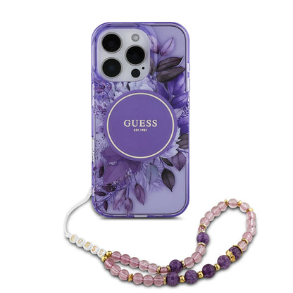 Калъф MagSafe за Apple iPhone 16 Pro Max, Guess, IML Flowers with Pearl Strap, Лилав