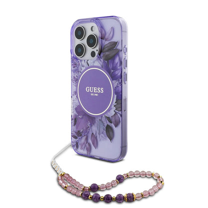 Калъф MagSafe за Apple iPhone 16 Pro Max, Guess, IML Flowers with Pearl Strap, Лилав