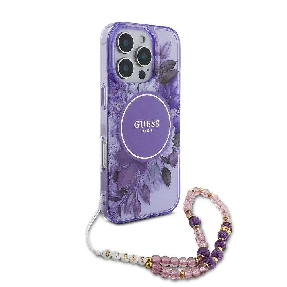 Калъф MagSafe за Apple iPhone 16 Pro Max, Guess, IML Flowers with Pearl Strap, Лилав