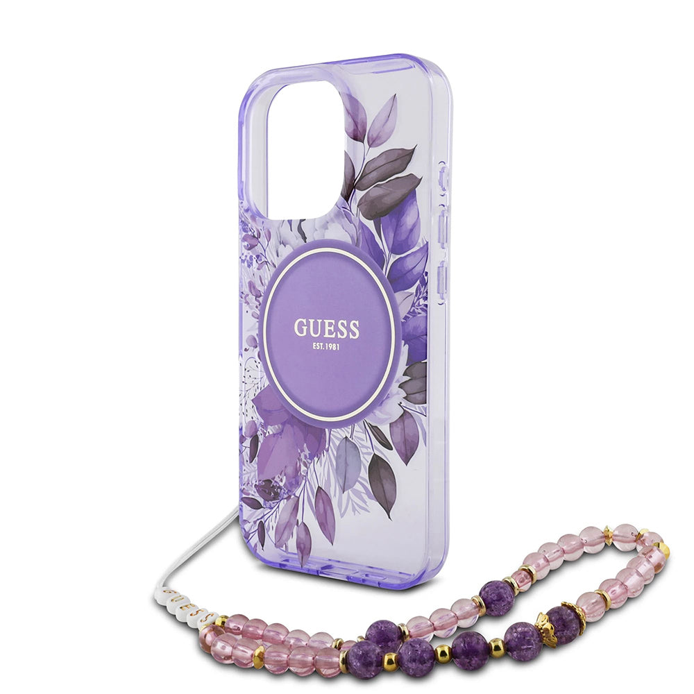 Калъф MagSafe за Apple iPhone 16 Pro Max, Guess, IML Flowers with Pearl Strap, Лилав