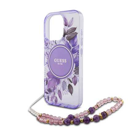 Калъф MagSafe за Apple iPhone 16 Pro Max, Guess, IML Flowers with Pearl Strap, Лилав