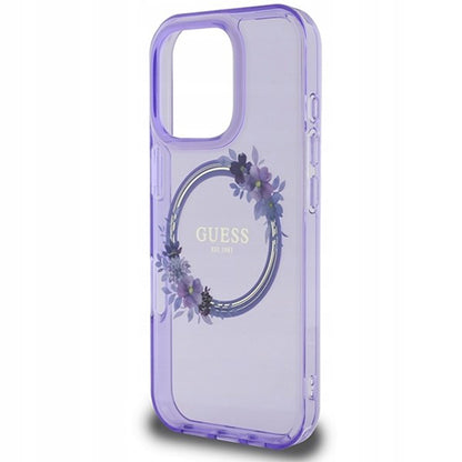 Калъф MagSafe за Apple iPhone 16 Pro Max, Guess, IML Flowers Wreath, Лилав