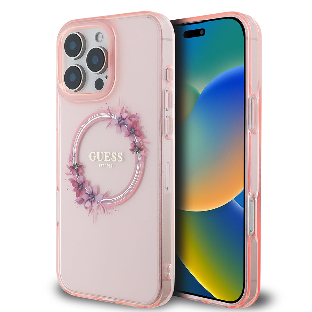 Калъф MagSafe за Apple iPhone 16 Pro Max, Guess, IML Flowers Wreath, Розов