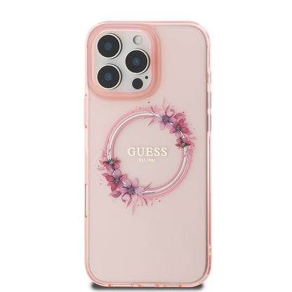 Калъф MagSafe за Apple iPhone 16 Pro Max, Guess, IML Flowers Wreath, Розов