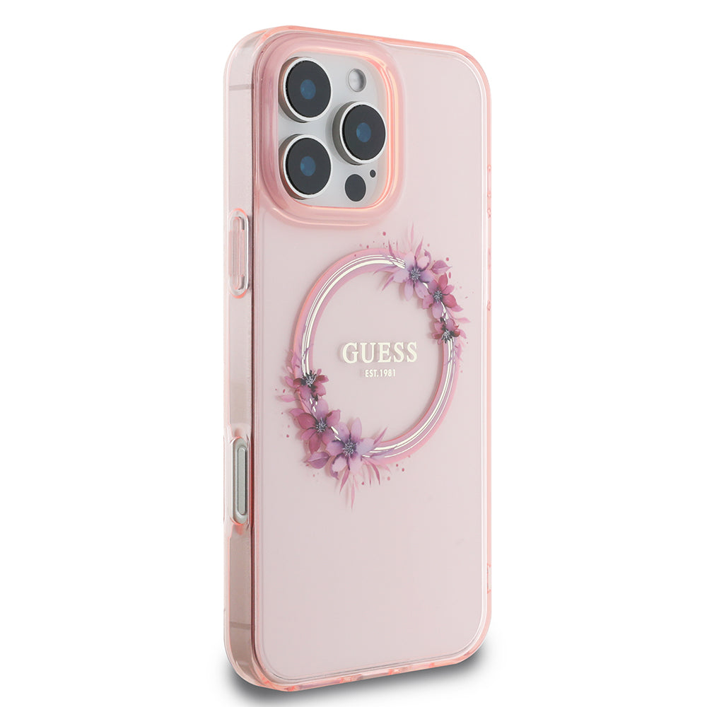 Калъф MagSafe за Apple iPhone 16 Pro Max, Guess, IML Flowers Wreath, Розов