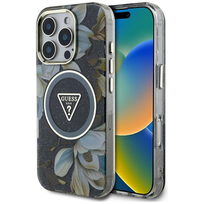 Калъф MagSafe за Apple iPhone 16 Pro Max, Guess, IML Metal Glitter Flowers Triangle, Черен