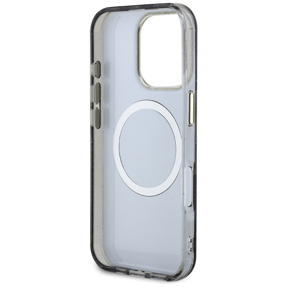 Калъф MagSafe за Apple iPhone 16 Pro Max, Guess, IML Metal Glitter Flowers Triangle, Черен