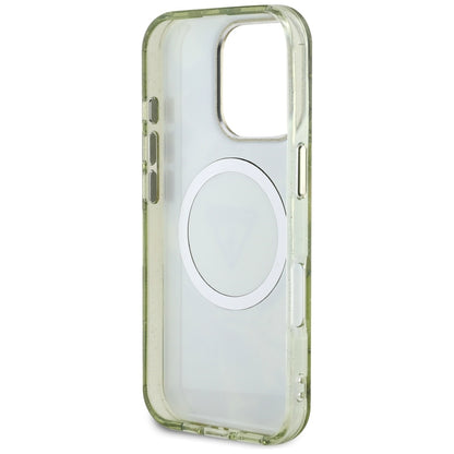 Калъф MagSafe за Apple iPhone 16 Pro Max, Guess, IML Metal Glitter Flowers Triangle, Зелен