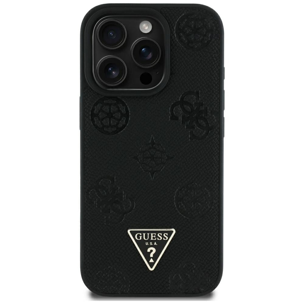 Калъф MagSafe за Apple iPhone 16 Pro Max, Guess, Peony Grained Hot Stamp Triangle, Черен
