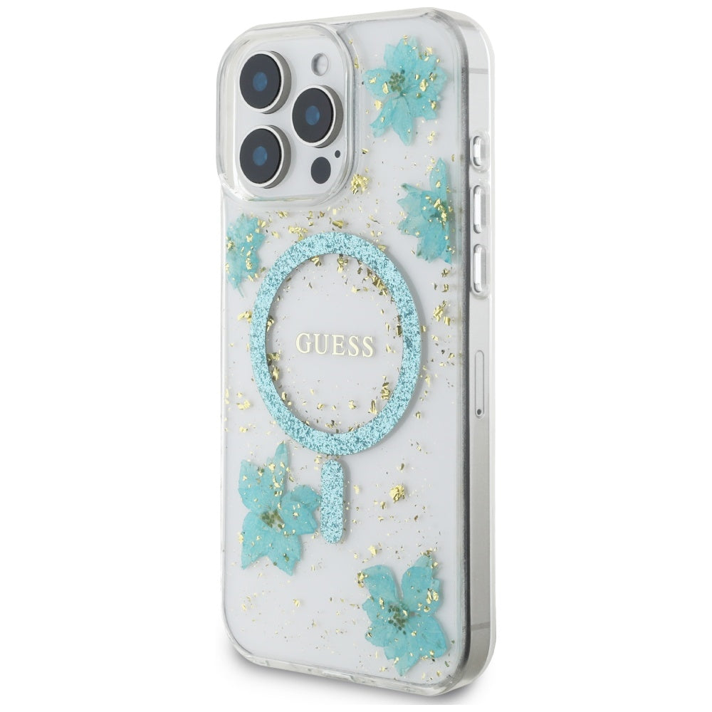 Калъф MagSafe за Apple iPhone 16 Pro Max, Guess, Resin Flowers and Glitter, Тюркоаз