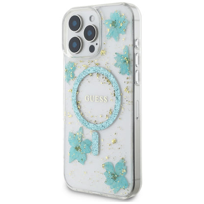 Калъф MagSafe за Apple iPhone 16 Pro Max, Guess, Resin Flowers and Glitter, Тюркоаз
