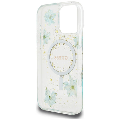 Калъф MagSafe за Apple iPhone 16 Pro Max, Guess, Resin Flowers and Glitter, Тюркоаз