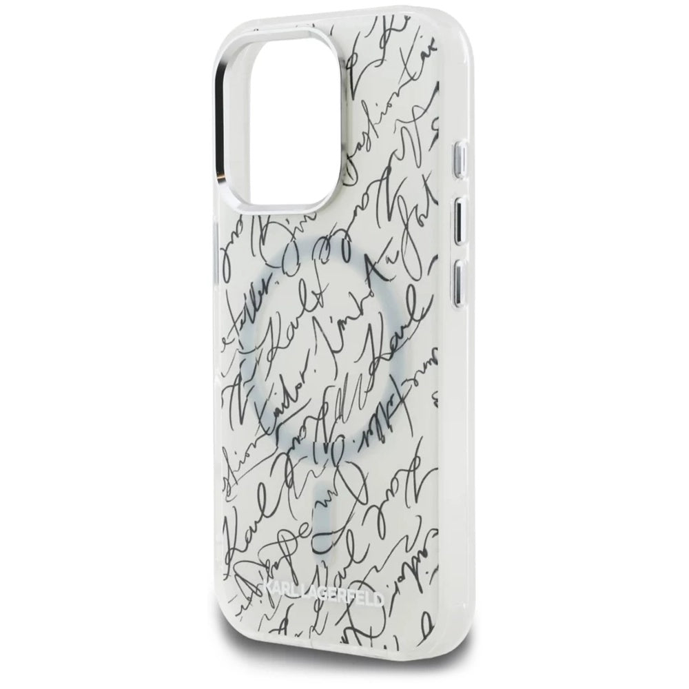 Калъф MagSafe за Apple iPhone 16 Pro Max, Karl Lagerfeld, IML Karl Script Pattern, Бял