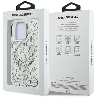Калъф MagSafe за Apple iPhone 16 Pro Max, Karl Lagerfeld, IML Karl Script Pattern, Бял