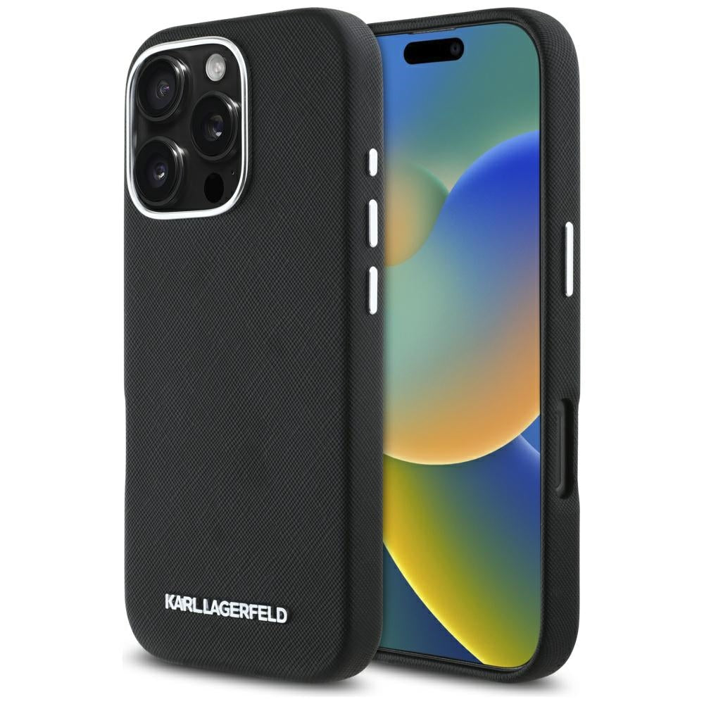 Калъф MagSafe за Apple iPhone 16 Pro Max, Karl Lagerfeld, Saffiano Full Wrapped Elongated Metal Logo, Черен