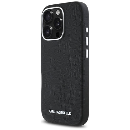 Калъф MagSafe за Apple iPhone 16 Pro Max, Karl Lagerfeld, Saffiano Full Wrapped Elongated Metal Logo, Черен