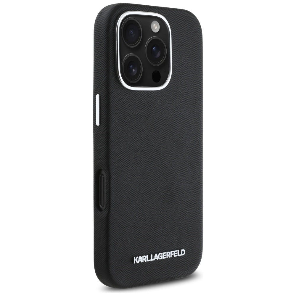 Калъф MagSafe за Apple iPhone 16 Pro Max, Karl Lagerfeld, Saffiano Full Wrapped Elongated Metal Logo, Черен