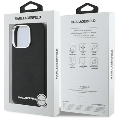 Калъф MagSafe за Apple iPhone 16 Pro Max, Karl Lagerfeld, Saffiano Full Wrapped Elongated Metal Logo, Черен
