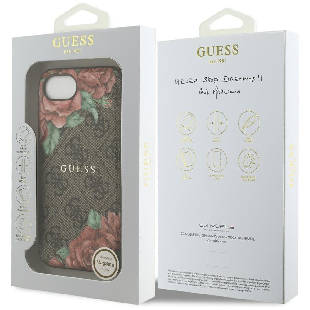 Калъф MagSafe за Apple iPhone 16e, Guess, 4G Flowers Print, Кафяв